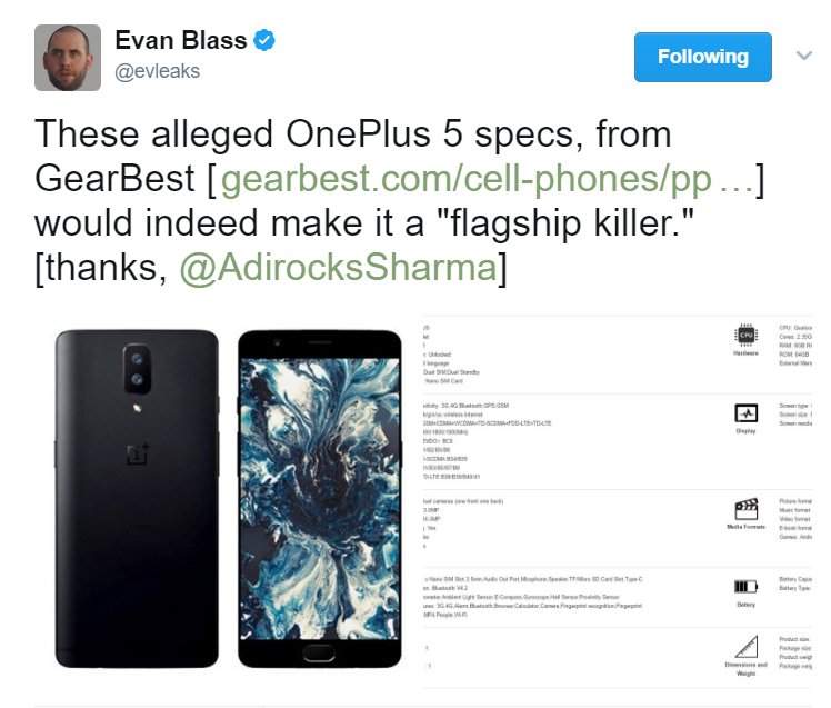 OnePlus 5 Evan tweeted
