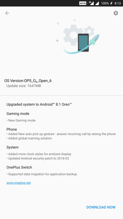 Download OnePlus 5 Android 8.1 Oreo OTA update