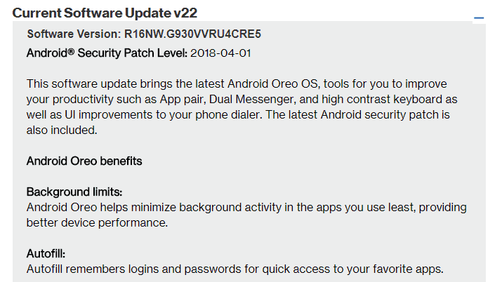 Verizon Galaxy S7 and S7 Edge Android 8.0 Oreo
