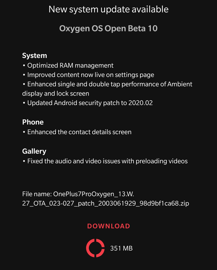 Open Beta 10 OTA update for OnePlus 7 and 7 Pro