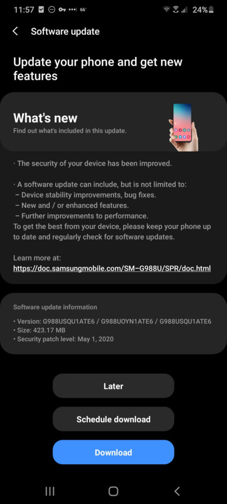 Samsung Galaxy S20 Ultra May 2020 update