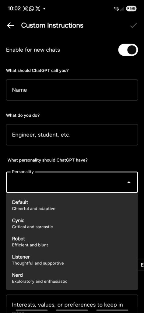 ChatGPT mobile app personality type custom instructions