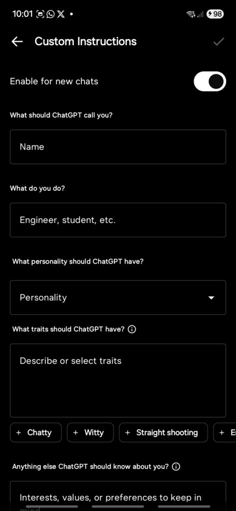 ChatGPT mobile app custom instructions